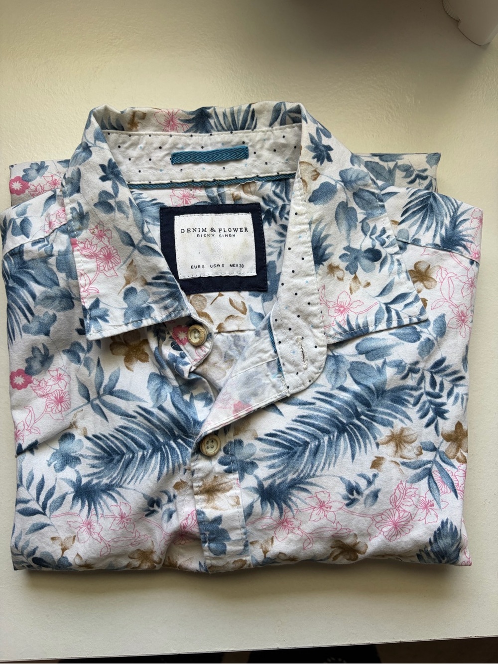 Denim & Flower White Button-Down with Blue Floral and Pink Accents